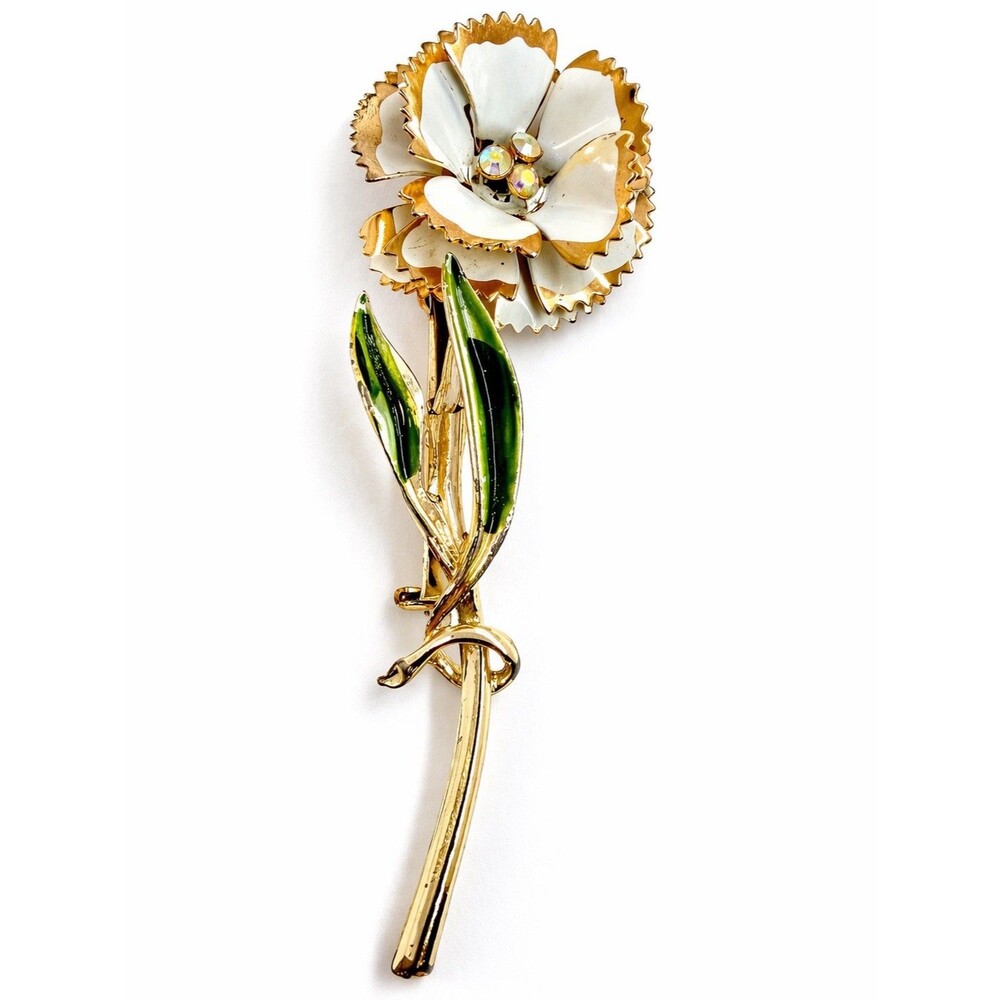 Vintage 60s Enamel Flower Brooch Long Stem Gold Tone White Floral Pin Rhinestone